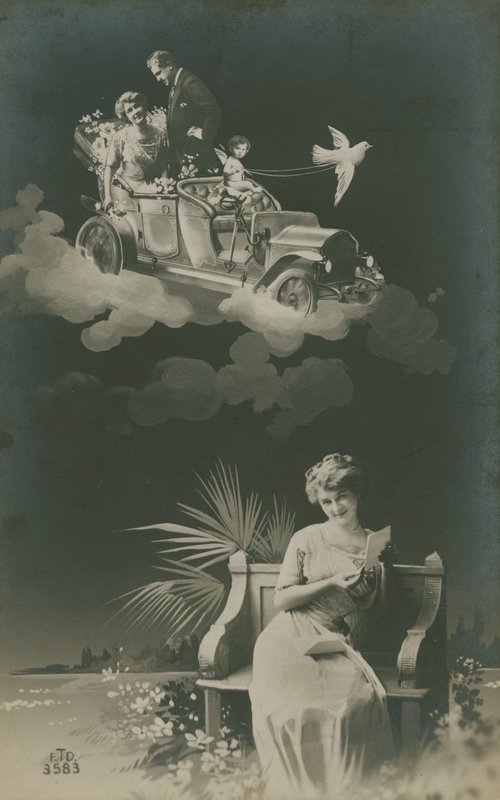 Postkort af en ung kvinde, der læser et brev og dagdrømmer om ægteskab, sendt i 1913 af French Photographer