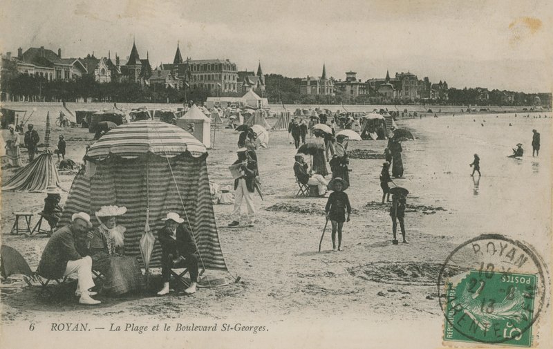 Postkort med stranden og Boulevard St Georges, Royan, Frankrig sendt i 1913 af French Photographer