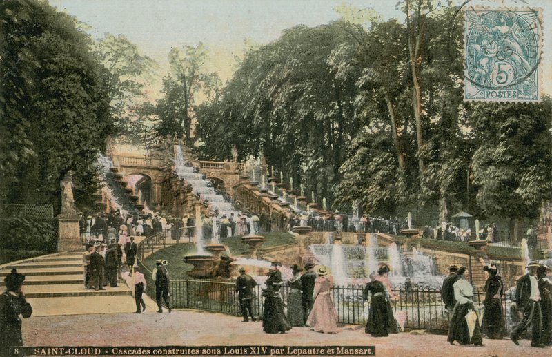 Saint-Cloud - vandfald bygget under Louis XIV af Lepautre og Mansart. Vandfald bygget til ære for Ludvig XIV af Antoine Le Pautre og Jules Hardouin Mansart. Postkort sendt i 1913. af French Photographer