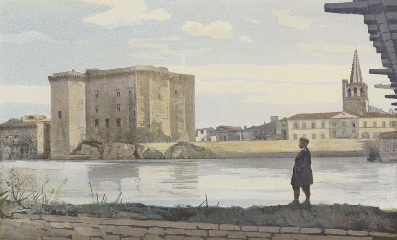 Tarascon, Chateau, Sainte-Marthe-kirkens klokketårn og hængebro over Rhône af French Photographer