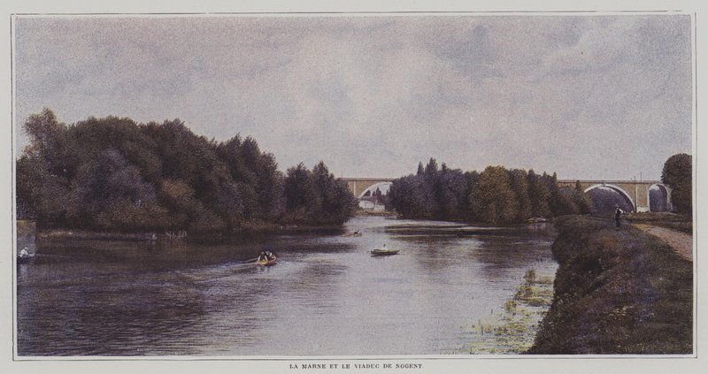 Floden Marne og Viaduct of Nogent, Frankrig (farvefoto) af French Photographer