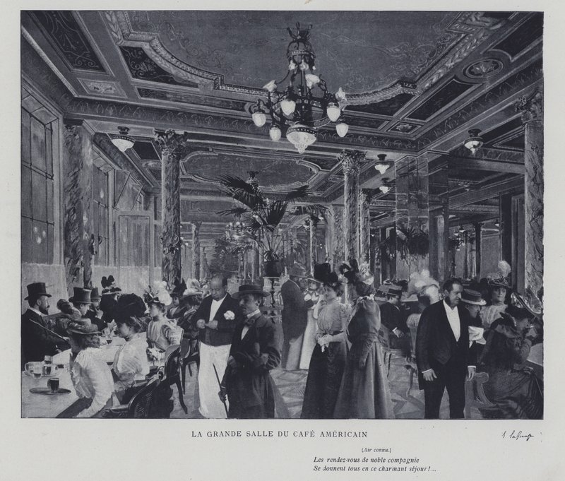 Den store sal i Cafe Americain, Paris (s/h foto) af French Photographer
