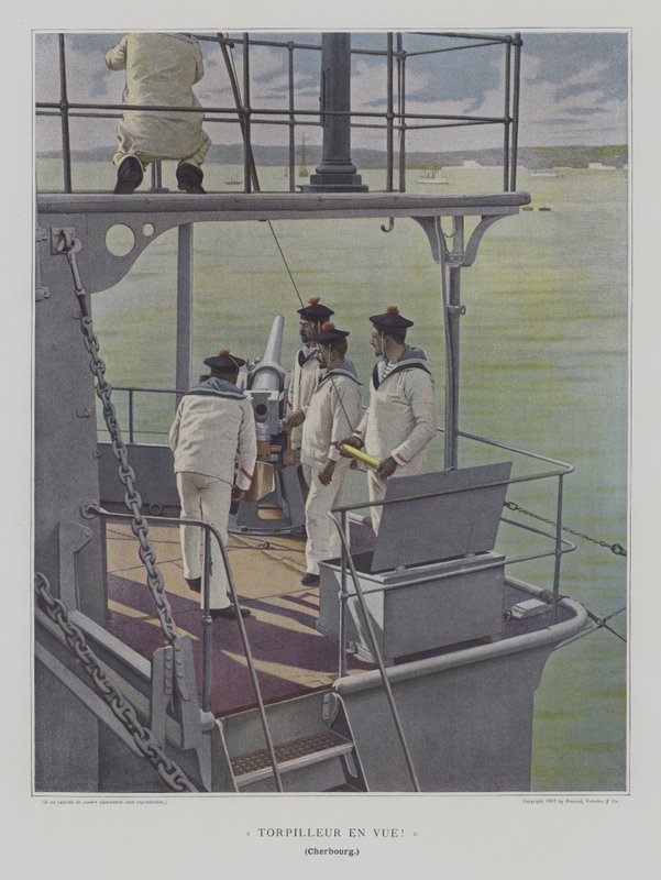 Torpedobåd i sigte! (Destroyer i sigte!) (farvefoto) af French Photographer