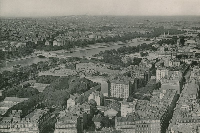 Udsigt til Champs-Elysees og Sacre-Coeur taget fra Eiffeltårnet, Udsigt til Champs-Elysees og Sacre-Coeur fra Eiffeltårnet (fotogravering) af French Photographer