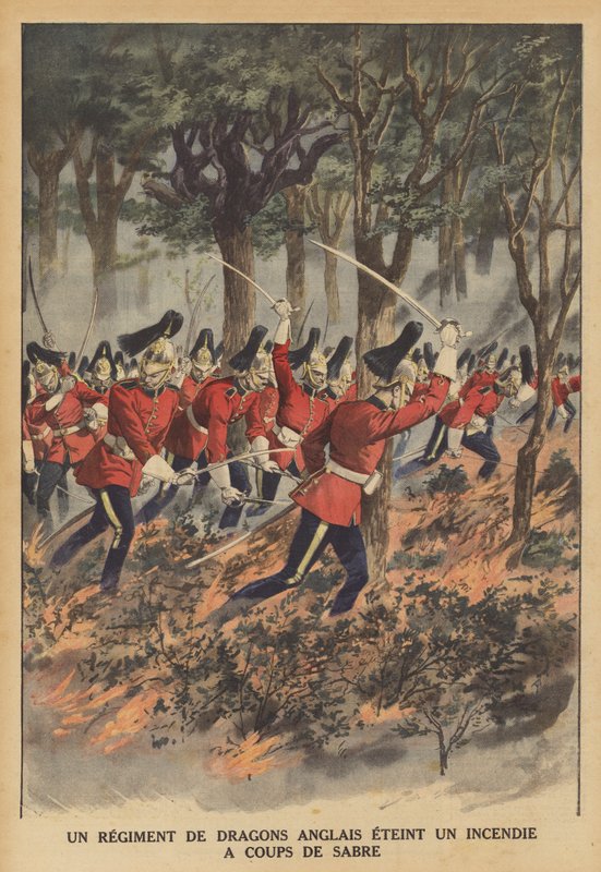 Et britisk regiment af dragoner, der bruger deres sværd til at slukke en ild (farve litho) af French School