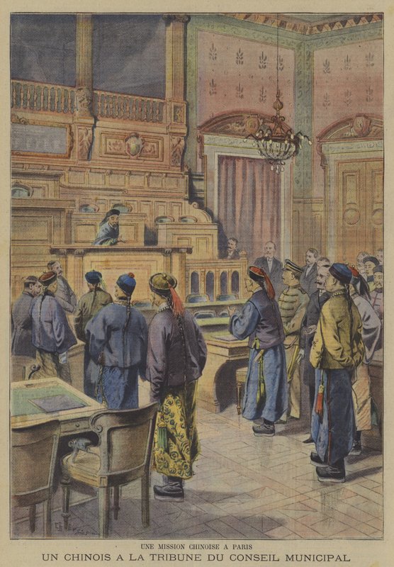 En kinesisk mission til Paris: en af de kinesiske delegerede ved byrådets podium (farve litho) af French School