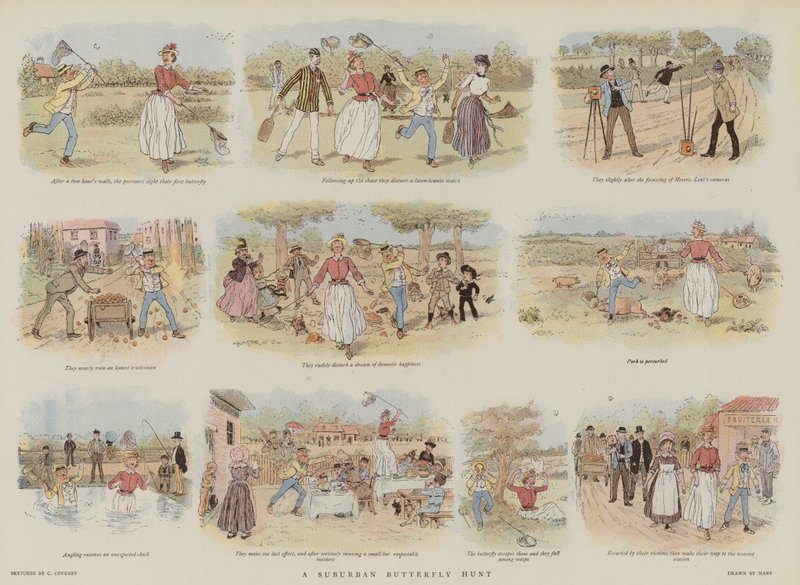 En forstads sommerfuglejagt (chromolitho) af French School