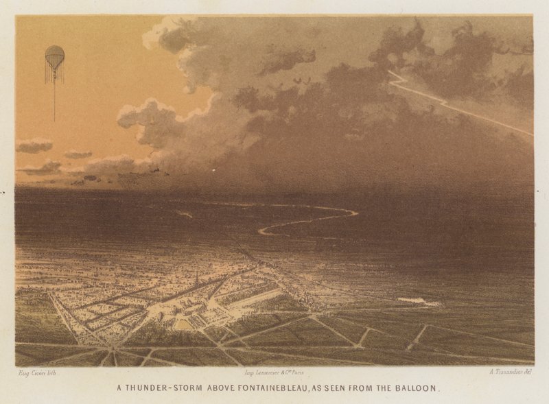 Et tordenvejr over Fontainebleau, set fra ballonen (farvelitografi) af French School