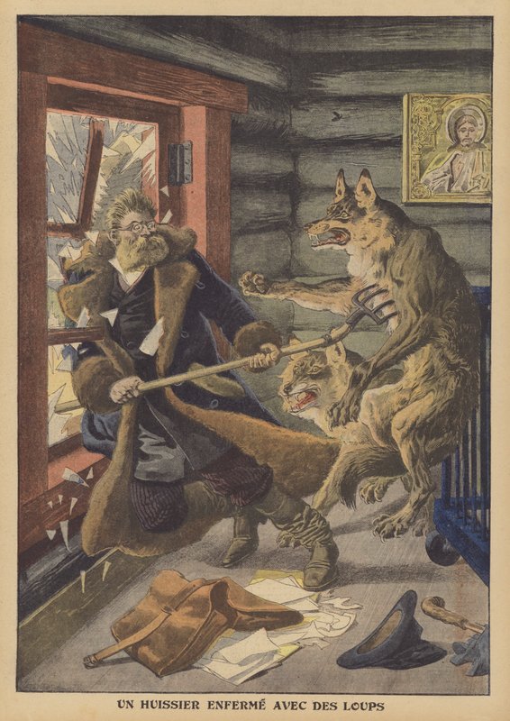 En foged låst inde med ulve i Rusland (farve litho) af French School