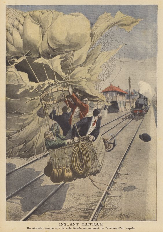 En ballon, der lander på en jernbanelinje i stien til et nærgående eksprestog (farve litho) af French School