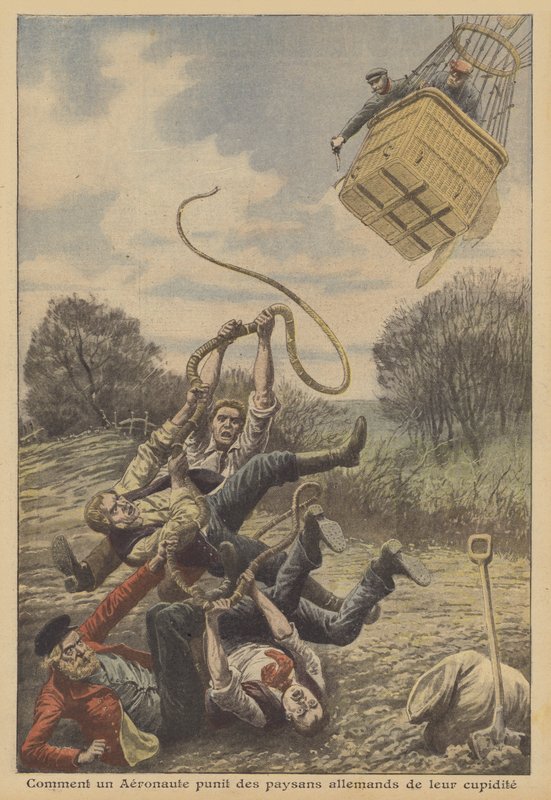 En ballonfarer straffer tyske bønder for deres grådighed (farve litho) af French School