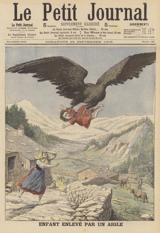Et barn båret af en ørn i de italienske alper (farve litho) af French School