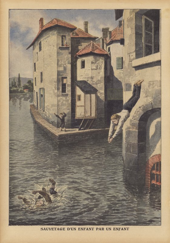 Et barn, der redder en anden fra at drukne i Givors-kanalen, Frankrig (farve litho) af French School