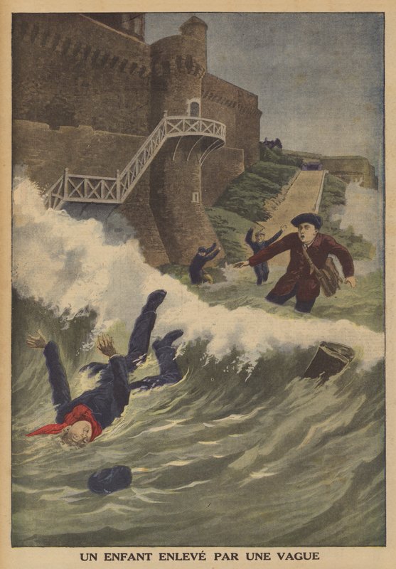 Et barn fejet væk af en bølge (farve litho) af French School