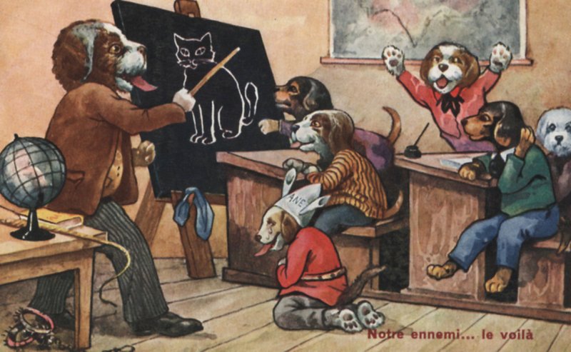 Et klasseværelse med hunde (farve litho) af French School