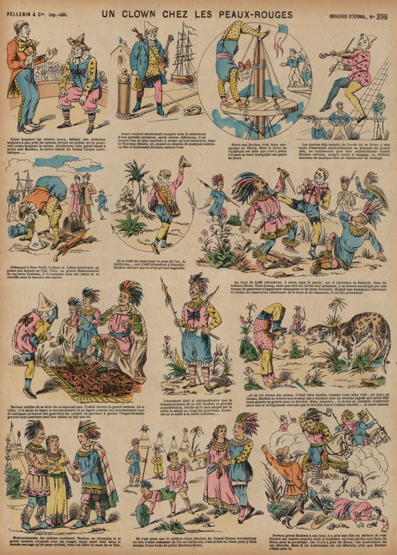 En klovn blandt de indfødte amerikanere (farvet indgravering) af French School