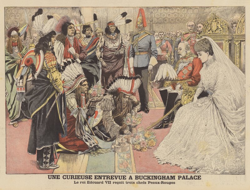 Et nysgerrig møde i Buckingham Palace (farve litho) af French School