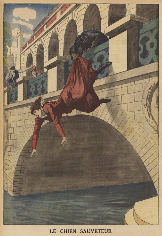 En hund redder en kvinde fra at falde fra en bro (farve litho) af French School