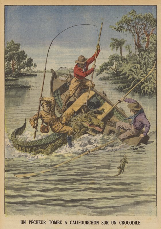 En fisker falder over en krokodille, efter at den kæntrede hans båd (farve litho) af French School