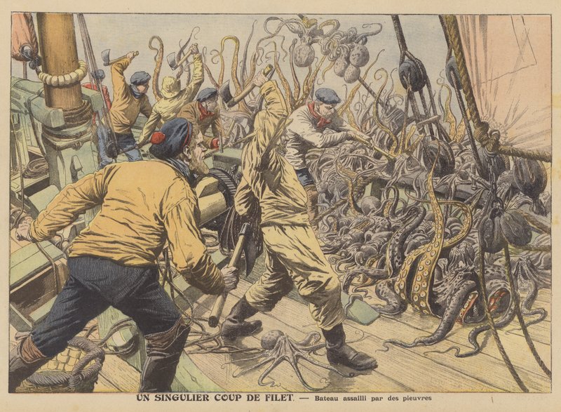 En fiskerbåd angrebet af sin fangst af blæksprutte (farve litho) af French School