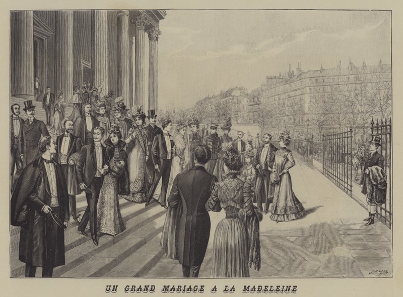 Et storslået bryllup i La Madeleine-kirken, Paris (litho) af French School
