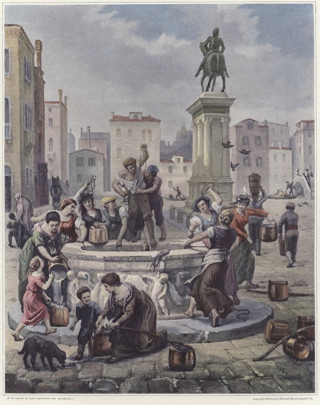 En gruppe kvinder samler vand fra en brønd i Venedig af French School