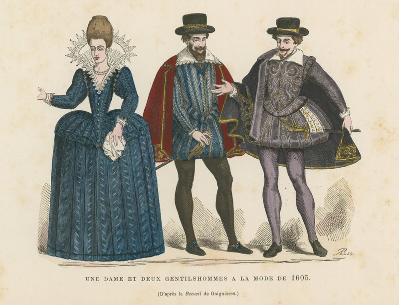 A lady and two gentlemen in the fashion of 1605  af French School