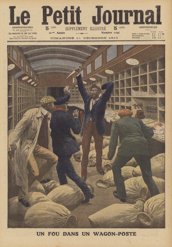 En gal mand i en postvogn på et tog, der ankommer til Paris (farve litho) af French School