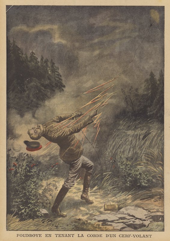 En mand dræbt af lynet, mens han fløj med en drage (farve litho) af French School