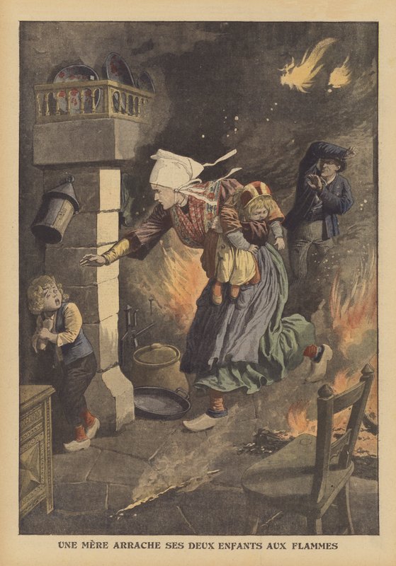 En mor redder sine børn fra en brand (farve litho) af French School