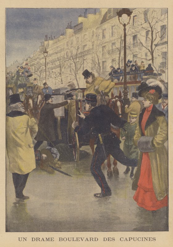 Et mord på Boulevard des Capucines, Paris (farve litho) af French School