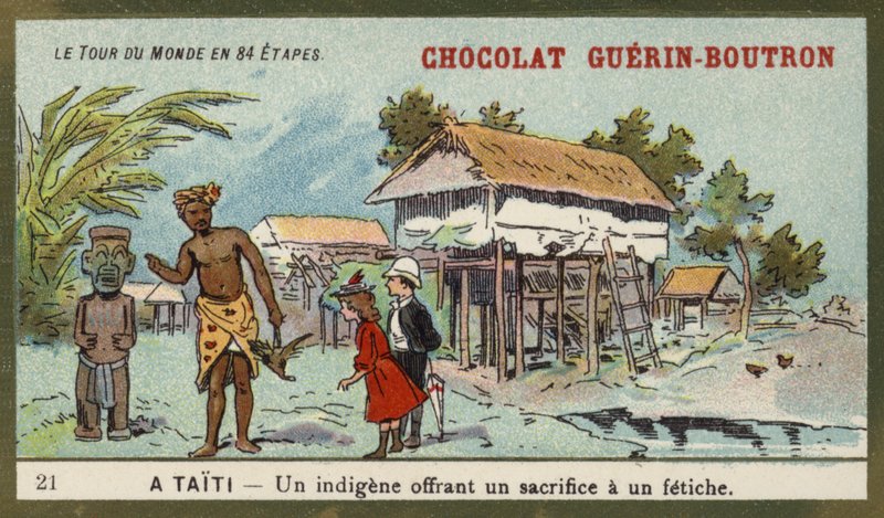 En indfødt, der ofrer et idol, Tahiti (chromolitho) af French School