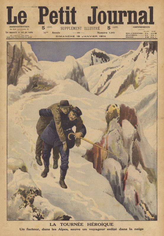 Et postbud redder en rejsende tabt i sneen i Alperne (farve litho) af French School