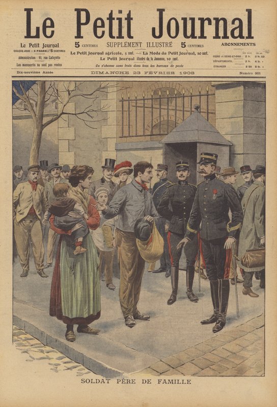 En soldat og overhoved for hans familie (farve litho) af French School