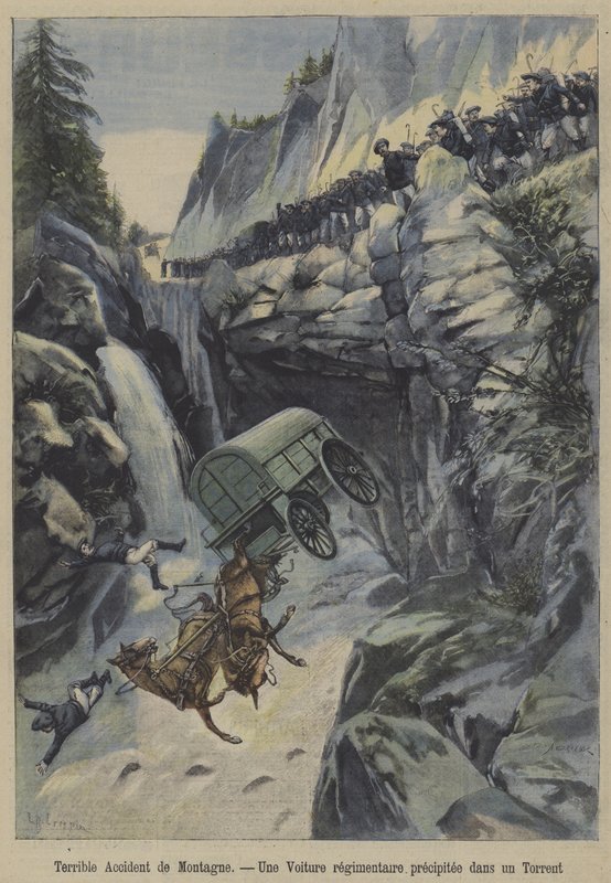 En frygtelig ulykke i bjergene (farve litho) af French School