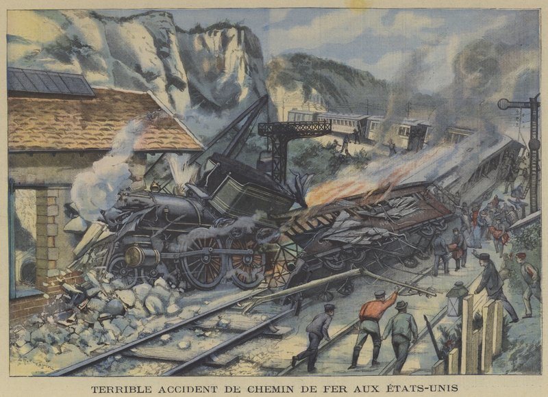 Et frygteligt togulykke i USA (farve litho) af French School