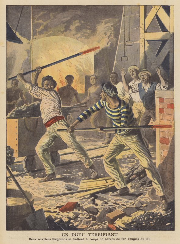 En skræmmende duel (farvelitografi) af French School