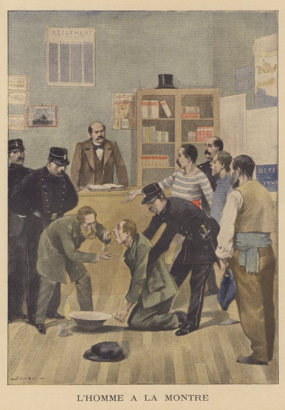 En tyv, der slugte et ur, han havde stjålet (farve litho) af French School