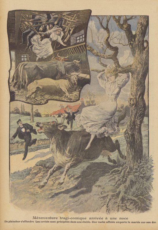 Et tragikomisk bryllupsulykke (farve litho) af French School