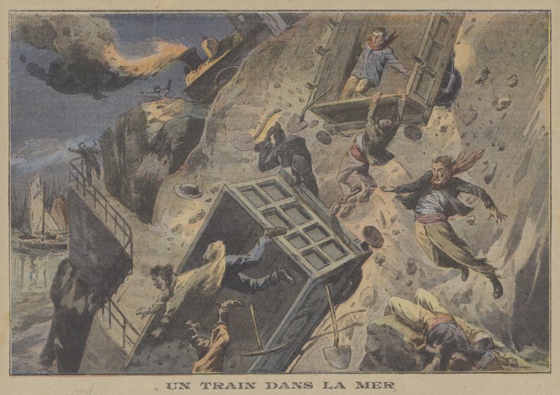Et tog falder i havet (farve litho) af French School