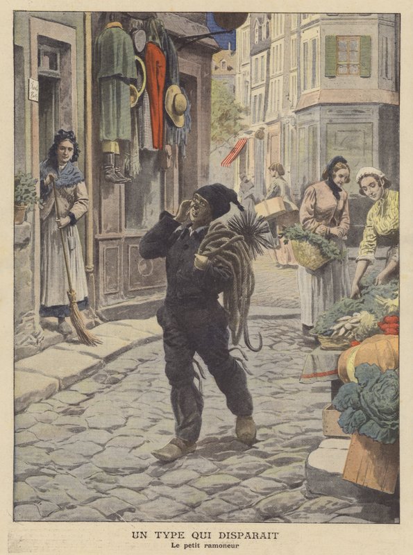 En forsvindende race: den lille skorstensfejer (farve litho) af French School