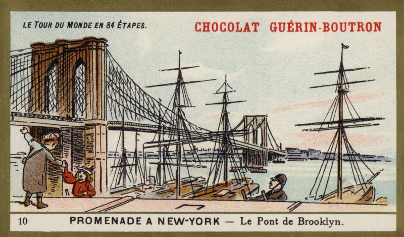 En gåtur i New York - Brooklyn Bridge (chromolitho) af French School
