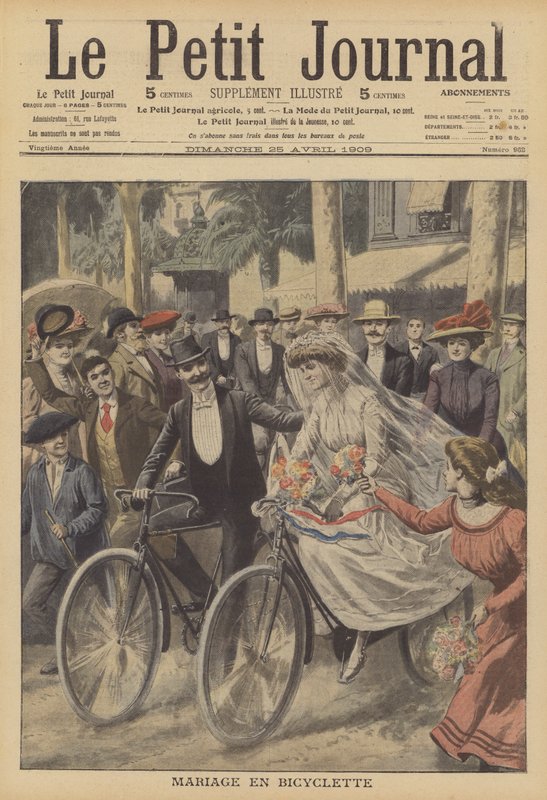 Et bryllup på cykler i Nice (farve litho) af French School