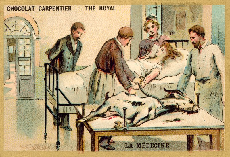 En kvinde, der modtager en blodtransfusion fra en ged (chromolitho) af French School