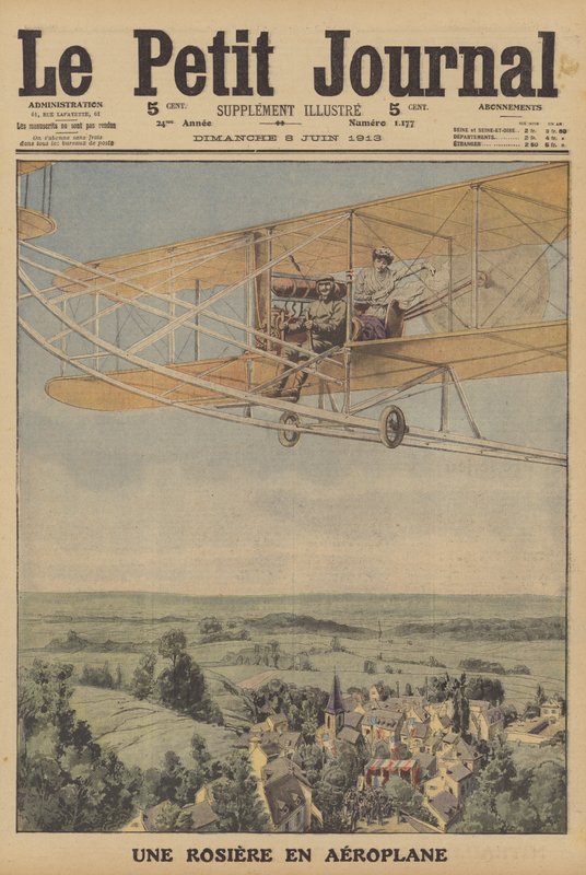En ung kvinde, der flyver i et fly i Montferrand, Frankrig (farve litho) af French School