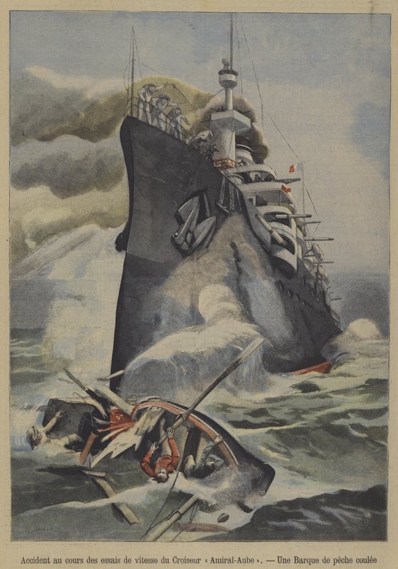 Utilsigtet sænkning af en fiskerbåd af den franske panserkrydser Admiral Aube under fartprøver (farve litho) af French School