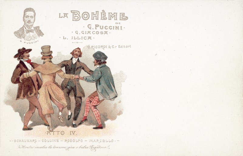 Fjerde akt, La Boheme (farve litho) af French School