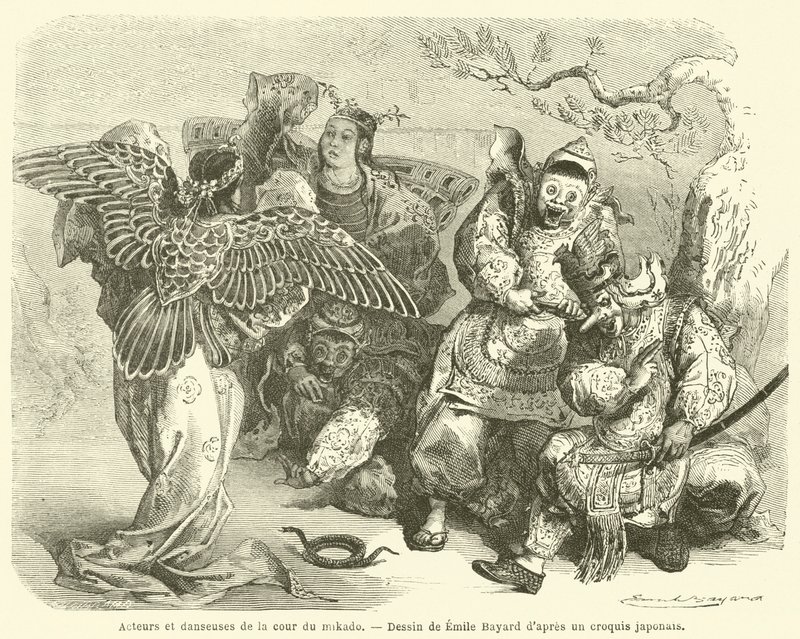 Skuespillere og dansere ved Mikado-retten (gravering) af French School