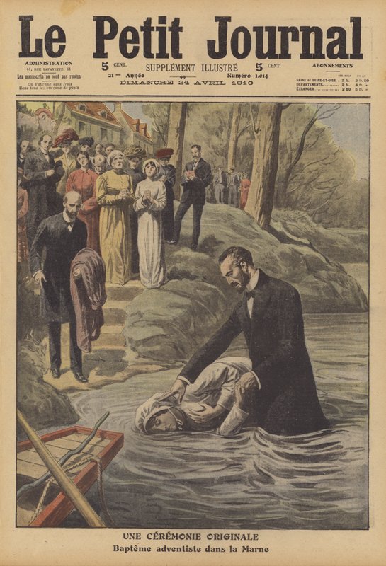 Adventistdåb i floden Marne (farve litho) af French School