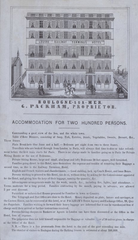 Annonce for Louvre Railway Terminus Hotel, Boulogne-sur-Mer, Frankrig (litho) af French School